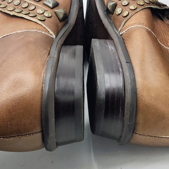 Matisse Brown Cognac Fold Foldable Slip-On Studs Strap Mid-Calf Boot Size 7.5 M - Picture 10 of 16